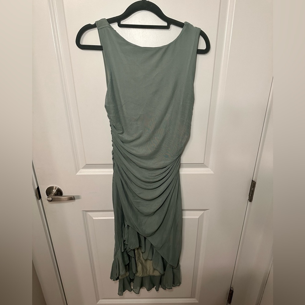 Sage green dress with scrunch and ruffle details
